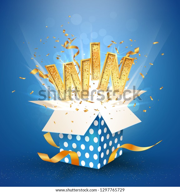 Win Gold Text Open Textured Blue Box With Confetti Explosion Inside And Golden Win Word Flying 0858