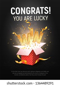 WIN gold text vector illustration. Open textured red box with confetti explosion inside and golden winning word on dark black background