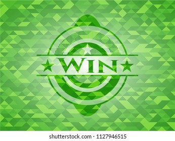 Win green emblem with triangle mosaic background