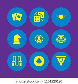 win icon. 9 win set with first prize trophy, dices, chess and sports and competition vector icons for web and mobile app