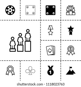 Win icon. collection of 13 win filled and outline icons such as medal, flag on mountain, medal with star, playing card, ranking, ribbon. editable win icons for web and mobile.