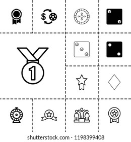 Win icon. collection of 13 win filled and outline icons such as casino chip and money, dice, roulette, ranking, medal, medal with star. editable win icons for web and mobile.