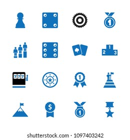 Win icon. collection of 16 win filled icons such as ranking, chess pawn, man at the top of the mountain with flag, flag on mountain. editable win icons for web and mobile.