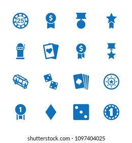 Win icon. collection of 16 win filled icons such as pllaying card, diamonds, 25 casino chip, dice, lottery, playing card, dice. editable win icons for web and mobile.