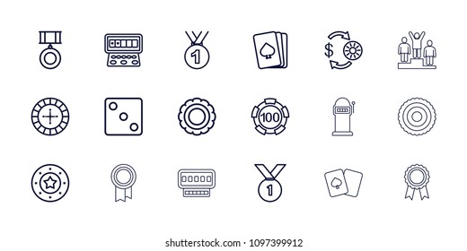 Win icon. collection of 18 win outline icons such as pllaying card, roulette, casino chip and money, 100 casino chip, casino chip, dice. editable win icons for web and mobile.