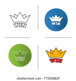 Win icon. Flat design, linear and color styles. Crown. Jackpot. Isolated vector illustrations