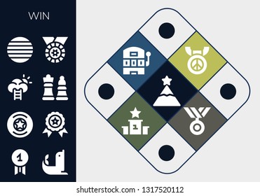 win icon set. 13 filled win icons.  Simple modern icons about  - Peak, Quality, Seal, Badge, Winner, Success, Chess, Ball, Medal, Slot machine, Podium