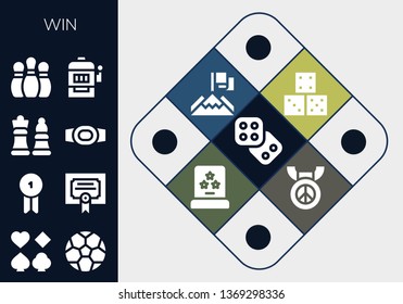 win icon set. 13 filled win icons.  Simple modern icons about  - Dice, Poker, Soccer ball, Badge, Merit, Chess, Champion belt, Bowling pins, Slot machine, Achievement, Award, Medal