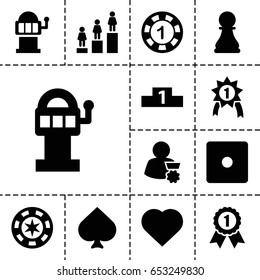 Win icon. set of 13 filled winicons such as spades, hearts, 1 casino chip, dice, slot machine, ranking, chess pawn, man with medal, number 1 medal, slot machine