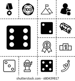 Win icon. set of 13 filled and outline win icons such as 100 casino chip, dice, lottery, man with medal, medal with star, ranking, flag on mountain, number 1 medal, winner