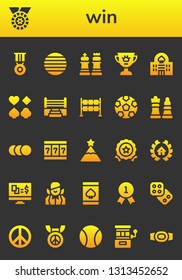 win icon set. 26 filled win icons.  Collection Of - Medal, Ball, Chess, Award, Casino, Poker, Boxing ring, Dice, Soccer, Balls, Slot machine, Peak, Awards, Gambling, Croupier