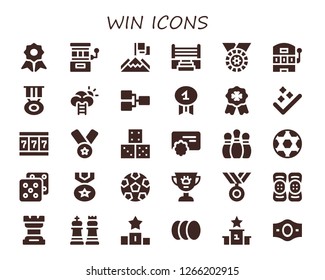 win icon set. 30 filled win icons. Simple modern icons about  - Quality, Slot machine, Achievement, Boxing ring, Medal, Success, Competition, Badge, Dice, Reward, Bowling pins