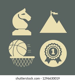 win icon set with chess horse, flag on top and medal vector illustration