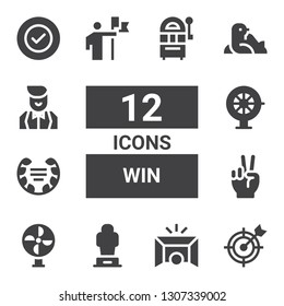 win icon set. Collection of 12 filled win icons included Goal, Award, Fan, Victory, Laurel, Roulette, Conquer, Seal, Croupier, Success, Jackpot