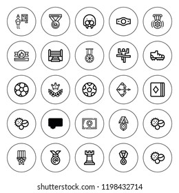 Win icon set. collection of 25 outline win icons with appreciation, archery, balls, chess, champion belt, boxing ring, football shoes, glory, medal icons. editable icons.