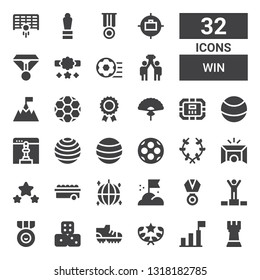 win icon set. Collection of 32 filled win icons included Rook, Success, Award, Football shoes, Dices, Medal, Winner, Goal, Ball, Laurel, Chess, Poker table, Fan, Prize, Football ball