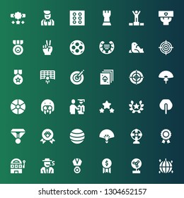 win icon set. Collection of 36 filled win icons included Ball, Fan, Award, Medal, Gambler, Slot machine, Prize, Winner, Laurel, Proud, Seal, Dartboard, Poker, Goal, Victory, Fans