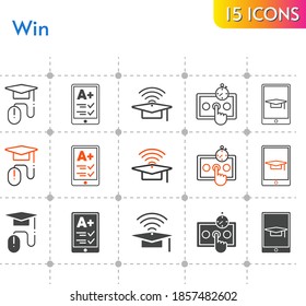 win icon set. included ereader, cap, test, elearning, student-tablet icons on white background. linear, bicolor, filled styles.