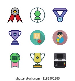 win icon set. vector set about winner, target, basketball and trophy icons set.
