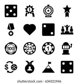 Win icons set. set of 16 win filled icons such as hearts, casino chip and money, 1 casino chip, dice, roulette, slot machine, ranking, medal, flag on mountain, number 1 medal