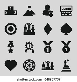 Win icons set. set of 16 win filled icons such as spades, hearts, diamonds, slot machine, ranking, medal, award, man with medal, man at the top of the mountain with flag