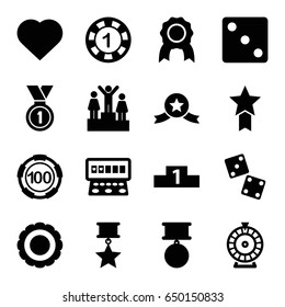 Win icons set. set of 16 win filled icons such as hearts, 1 casino chip, 100 casino chip, dice, roulette, slot machine, medal, ranking, award, medal with star