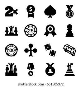 Win icons set. set of 16 win filled icons such as spades, clubs, 25 casino chip, 100 casino chip, casino bet, lottery, ranking, medal, chess pawn