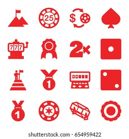 Win icons set. set of 16 win filled icons such as spades, slot machine, casino chip and money, 25 casino chip, dice, lottery, award, man at the top of the mountain with flag