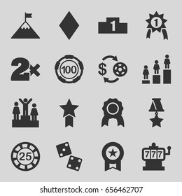 Win icons set. set of 16 win filled icons such as diamonds, slot machine, casino chip and money, 25 casino chip, ranking, medal, flag on mountain, number 1 medal