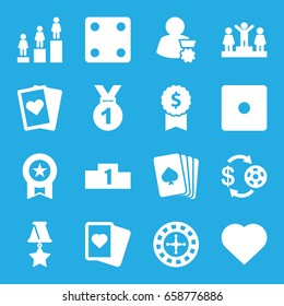 Win icons set. set of 16 win filled icons such as pllaying card, hearts, roulette, casino chip and money, dice, spades, ranking, medal, man with medal, playing card