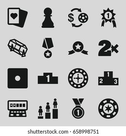 Win icons set. set of 16 win filled icons such as roulette, casino chip and money, dice, casino bet, lottery, spades, slot machine, ranking, medal, chess pawn, number 1 medal