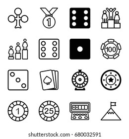 Win icons set. set of 16 win filled and outline icons such as casino chip, dice, roulette, pllaying card, clubs, 1 casino chip, slot machine, ranking, flag on mountain