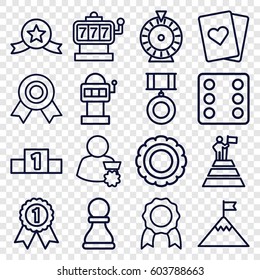 Win icons set. set of 16 win outline icons such as Slot machine, Dice, Roulette, ranking, medal, chess pawn, man with medal, man at the top of the mountain with flag