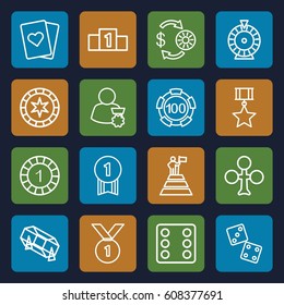 Win icons set. set of 16 win outline icons such as Clubs, Casino chip and money, 1 casino chip, Dice, Roulette, lottery, ranking, man with medal