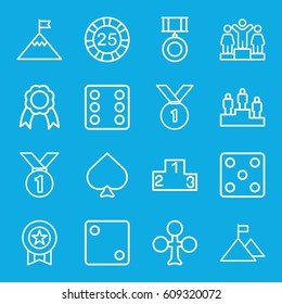 Win icons set. set of 16 win outline icons such as Spades, Clubs, 25 casino chip, Dice, ranking, ribbon, medal, flag on mountain