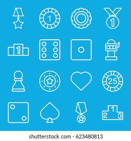 Win icons set. set of 16 win outline icons such as Spades, Hearts, 1 casino chip, 25 casino chip, Casino chip, Dice, medal, ranking, chess pawn, medal with star, slot machine
