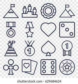 Win icons set. set of 16 win outline icons such as spades, clubs, hearts, casino chip, dice, medal, ranking, man at the top of the mountain with flag, flag on mountain