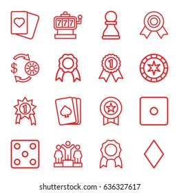 Win icons set. set of 16 win outline icons such as pllaying card, diamonds, slot machine, casino chip and money, dice, spades, ranking, ribbon, chess pawn, medal