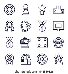 Win icons set. set of 16 win outline icons such as slot machine, casino chip and money, 100 casino chip, dice, ribbon, basketball basket, ranking, chess pawn, medal