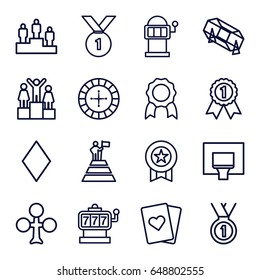 Win icons set. set of 16 win outline icons such as clubs, diamonds, roulette, slot machine, lottery, medal, basketball basket, ranking