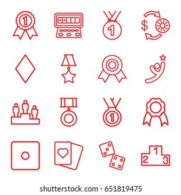 Win icons set. set of 16 win outline icons such as diamonds, casino chip and money, dice, spades, slot machine, ribbon, medal, ranking, number 1 medal, winner
