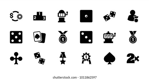 Win icons. set of 18 editable filled win icons: spades, clubs, slot machine, dice, casino bet, dice, medal, ranking, man with medal, number 1 medal