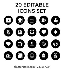 Win icons. set of 20 editable filled win icons such as hearts, diamonds, casino chip and money, 1 casino chip, dice, casino bet. best quality win elements in trendy style.