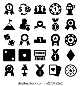 Win icons set. set of 25 win filled icons such as Diamonds, Casino chip and money, Dice, Spades, Slot machine, ranking, ribbon, medal, man with medal, flag on mountain, dice