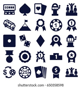 Win icons set. set of 25 win filled icons such as pllaying card, spades, diamonds, casino chip and money, 1 casino chip, 25 casino chip, dice, lottery, slot machine, ranking