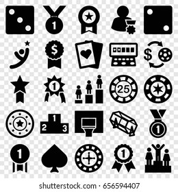 Win icons set. set of 25 win filled icons such as spades, roulette, casino chip and money, 25 casino chip, dice, lottery, slot machine, ranking, medal, basketball basket