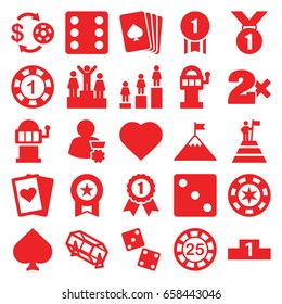 Win icons set. set of 25 win filled icons such as pllaying card, spades, hearts, casino chip and money, 1 casino chip, dice, lottery, slot machine, ranking, man with medal