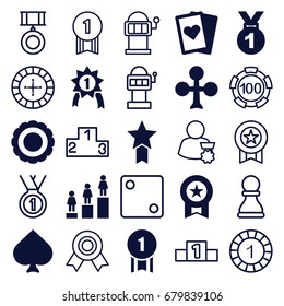 Win icons set. set of 25 win filled and outline icons such as spades, clubs, ranking, award, number 1 medal, medal with star, roulette, 1 casino chip, 100 casino chip, dice