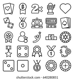 Win icons set. set of 25 win outline icons such as pllaying card, hearts, roulette, casino chip and money, dice, casino bet, slot machine, ranking, ribbon, medal