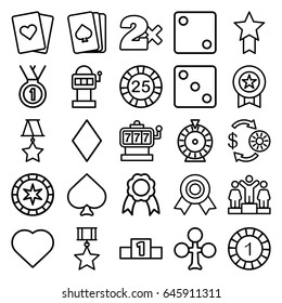 Win icons set. set of 25 win outline icons such as pllaying card, spades, clubs, hearts, diamonds, slot machine, casino chip and money, 1 casino chip, dice, roulette, ranking